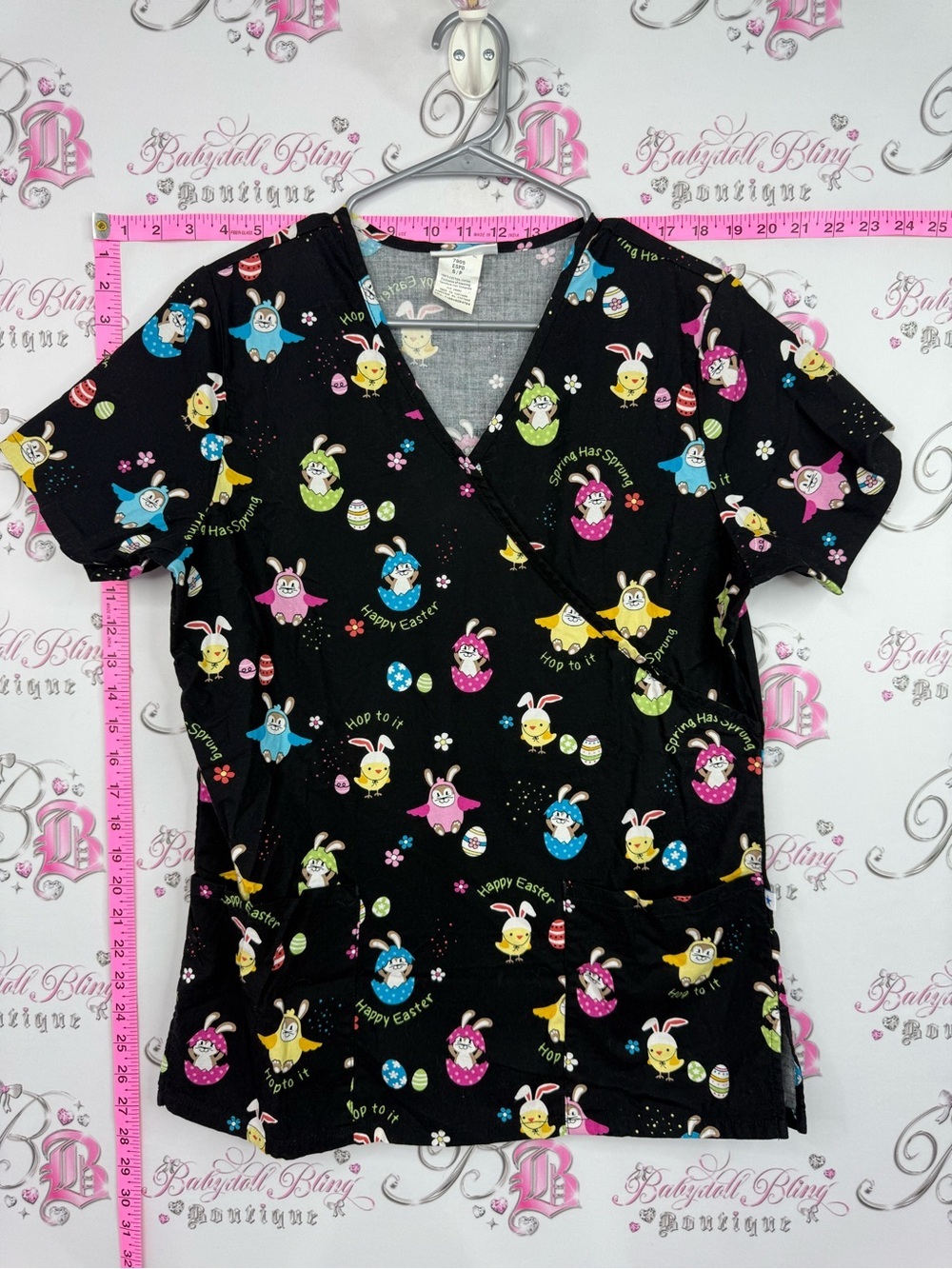 Scrubstar scrubs bunny shirt happy Black Easter Bunny & Egg Print Scrub Top